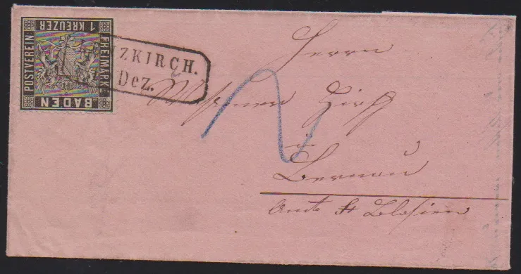 1 Kr. schwarz auf hübschem rosa Damenbriefchen mit Ra2 "Lenzkirch"