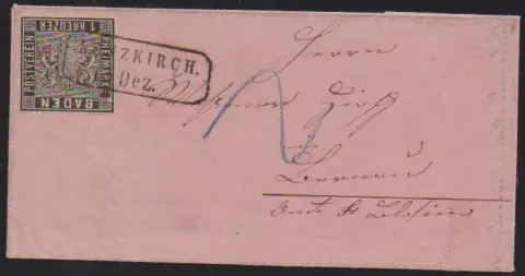 1 Kr. noir sur jolie petite lettre de dame rose avec Ra2 "Lenzkirch"