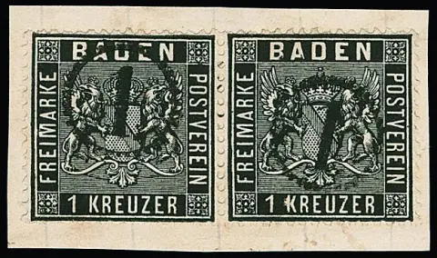 1 Kr. schwarz im Paar auf Kabinettbriefstück mit klaren Uhrradstempeln "1", sign. Stegmüller