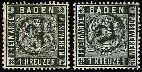 1 Kr. schwarz, vier Pracht-/Kabinettstücke (einmal ausgabetypische Zhg.) mit klaren Uhrradstempeln "3", "5", "7" und "12", je gut sign. Brettl (3) bzw. Seeger