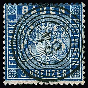 6 Kr. Prussian blue, ultramarine and violet, three selected clearly cancelled cabinet pieces, sign. Mi. 370,-