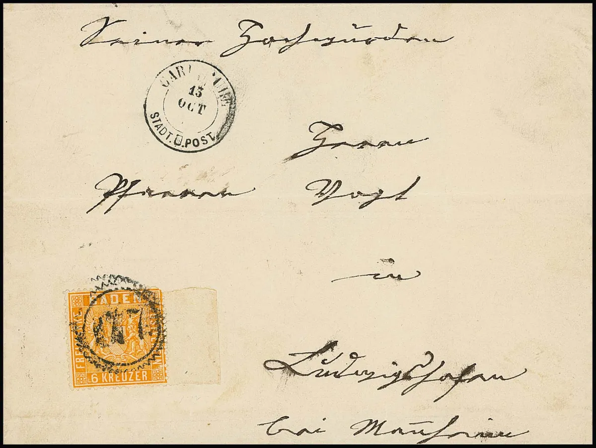 6 Kr. orange, min. round corner, right 12mm wide sheet margin (!) with NS "177" and K2 "Carlsruhe Stadtpost" on letter to Ludwigshafen