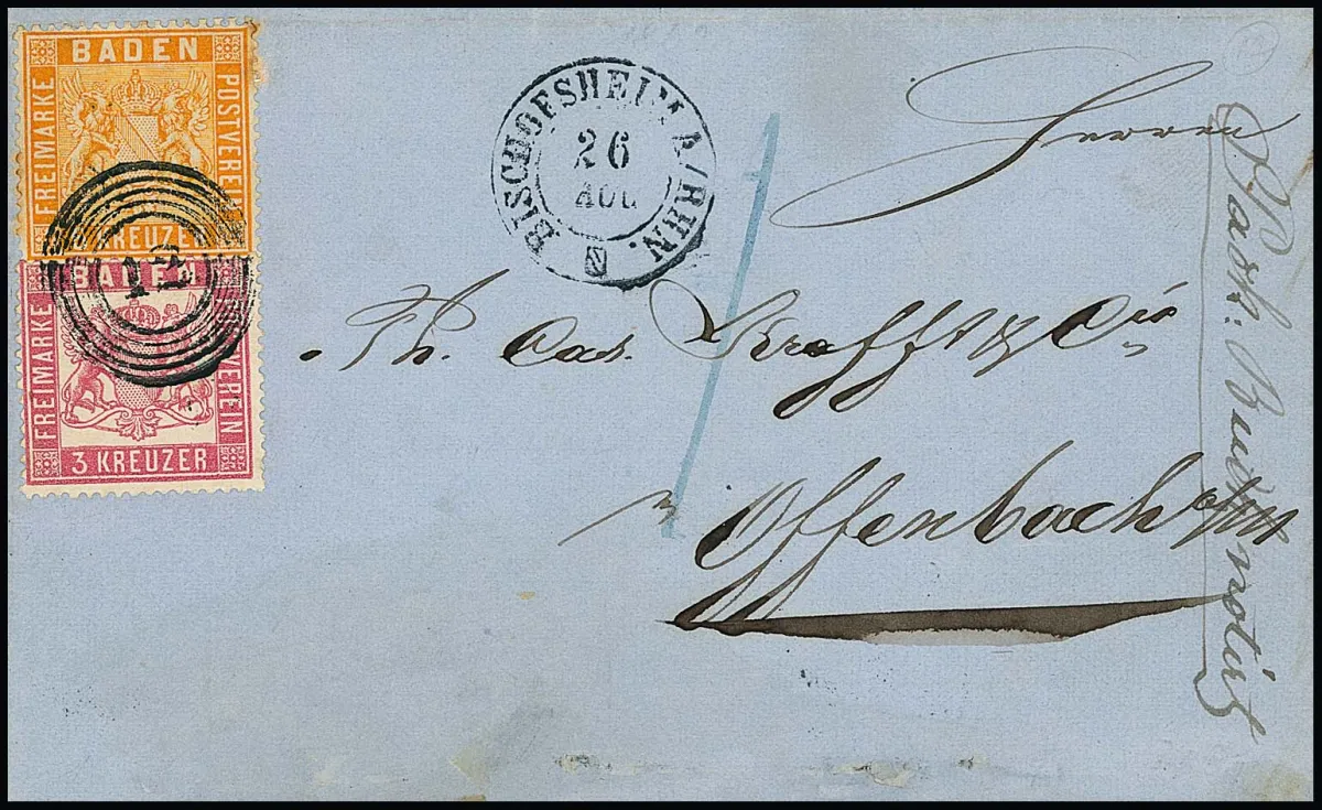 6 Kr. yellow-orange in rare mixed franking with closely perforated 3 Kr. pink on letter with NS "12" and K2 "Bischofsheim a. Rhn." 1862 to Offenbach