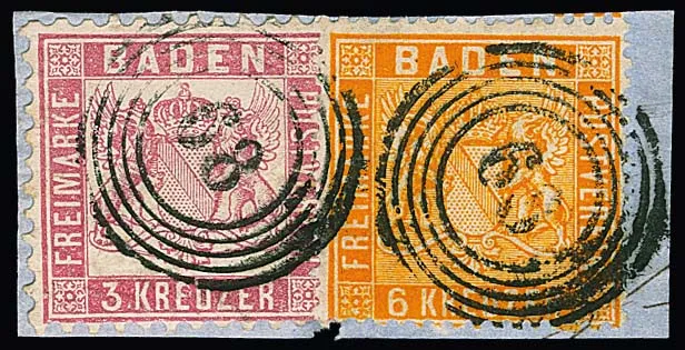 6 Kr. geeloranje, bovengemiddeld goed getand, in gemengde frankering met 3 Kr. roze, op kabinet briefstuk met NS "68" (Kehl), sign. Freyse