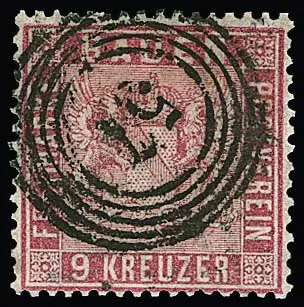 9 Kr. karmin, für diese schwierige Marke ungewöhnlich gut gez. Kabinettstück mit NS "57", Fotoexp. Stegmüller. Mi. 220,-