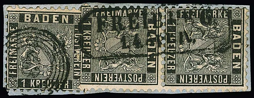 1 Kr. black, vertical pair with Ra2 "Freiburg", single stamp with NS "43", on choice letter piece, photo expert Stegmüller. Mi. 430,-