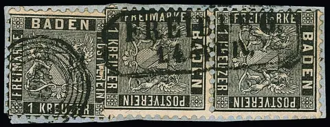 1 Kr. schwarz, senkrechtes Paar mit Ra2 "Freiburg", die Einzelmarke dagegen mit NS "43", auf Kabinettbriefstück, Fotoexp. Stegmüller. Mi. 430,-