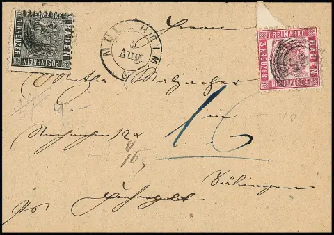 1 Kr. schwarz in Mischfrankatur mit Randstück 3 Kr. rosa (ein kurzer Zahn) auf Nachnahmebrief mit NS "95" und K2 "Müllheim"