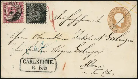 1 Kr. schwarz in Mischfrankatur mit 3 Kr. rosa auf Ganzsachenumschlag 9 Kr. braun mit zentr. Zackenkranz-NS "24" und Ra2 "Carlsruhe" nach Altona (Dänemark).…