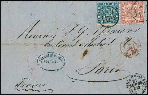 6 Kr. blau in Mischfrankatur mit 3 Kr. rosa (zwei kurze Zähnchen) auf gef. Brief 1865 nach Paris, klare Einring-NS "164" (Bahnpost) und blauer Postablagestpl.…