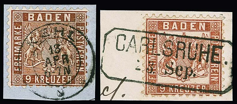 9 Kr. rotbraun, zwei Luxusbriefstücke, Ra2 "Carlsruhe" ideal bzw. K2 "Kehl", sign. Brettl bzw. Stegmüller