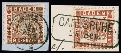 9 Kr. rotbraun, zwei Luxusbriefstücke, Ra2 "Carlsruhe" ideal bzw. K2 "Kehl", sign. Brettl bzw. Stegmüller