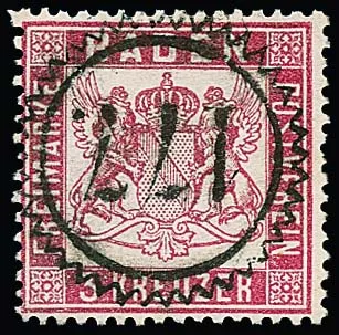 3 Kr. rose, good tight perforation, choice copy with centric serrated ring NS "177", signed Flemming. Mi. 350,-
