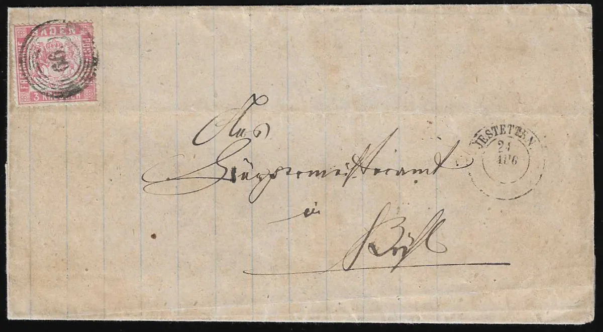 3 Kr. rose, bonne dentelure serrée, sur lettre avec NS "66" et K2 "Jestetten", signé Englert et certificat Flemming. Mi. 500,-