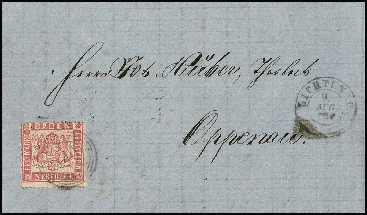 3 Kr. rose, good tight perforation, on superb cover with NS "140" and K2 "Lichtenau" to Oppenau, signed Feuser. Mi. 500,- +