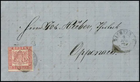 3 Kr. rosa, gute enge Zähnung, auf Prachtbrief mit NS "140" und K2 "Lichtenau" nach Oppenau, sign. Feuser. Mi. 500,- +