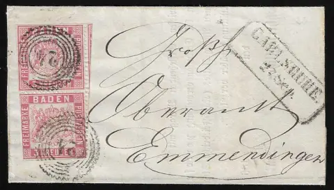3 Kr. rosa, enge Zähnung, senkrechtes Paar mit teilweise Scherentrennung auf kleinem Briefchen aus Carlsruhe. Mi. 1600,-