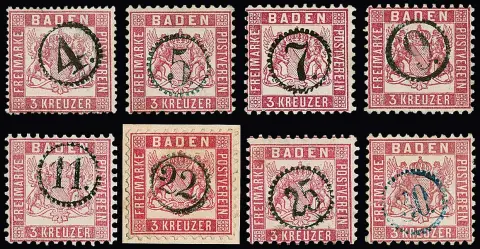 3 Kr. rosa (einmal gute enge Zähnung), gesamt 39 Werte mit ausgesuchten Uhrradstempel-Entwertungen von "1" bis "30" (diese in blau)
