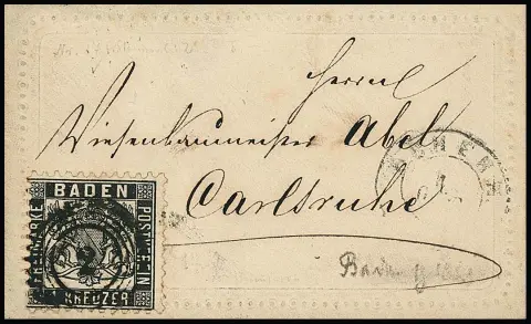 1 Kr. schwarz auf etwas unfrischem kleinem Billet-Präge-Zierbrief mit NS "2" und K2 "Achern"