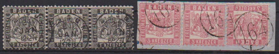 1 Kr. noir en bande horizontale de trois de qualité cabinet avec K2 "Freiburg" (signé Brettl), ainsi que 3 Kr. rose par trois sur fragment de lettre avec NS annulaire "164"