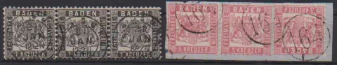 1 Kr. schwarz im waager. Kabinett-Dreierstreifen mit K2 "Freiburg" (sign. Brettl), sowie 3 Kr. rosa per drei auf Briefstück mit Einring-NS "164"