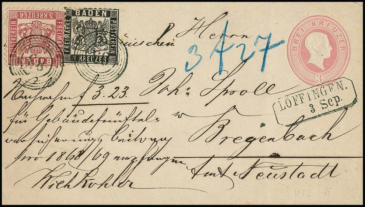 1 Kr. black (top somewhat rough) together with 3 Kr. carmine pink on 3 Kr. pale pink postal stationery as cash on delivery letter to Bregenbach/Neustadt, NS "83" and Ra2 "Löffingen"