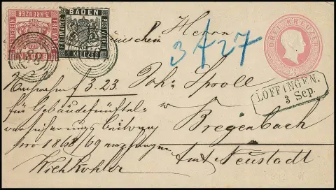 1 Kr. schwarz (oben etwas aufgerauht) nebst 3 Kr. karminrosa auf Ganzsache 3 Kr. blaßrosa als Nachnahmebrief nach Bregenbach/Neustadt, NS "83" und Ra2…