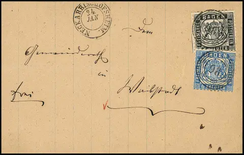 1 Kr. schwarz und 6 Kr. blau auf Luxusbrief mit NS "98" und K2 "Neckarbischofsheim"
