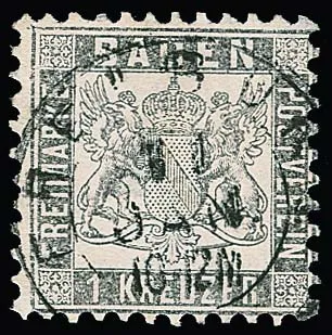 1 Kr. silver-grey, well perforated on all sides and nicely centrally cancelled with K2 "Freiburg", small light spot in centre and corner crease top left, certificate Stegmüller. Mi. 3000,-