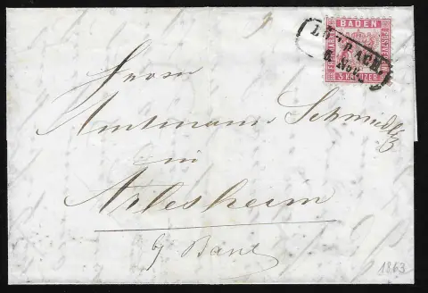 3 Kr. rosa auf Pracht-Grenzrayon-Brief mit Ra2 "Lörrach" nach Arlesheim b. Basel