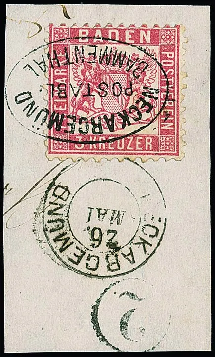 3 Kr. różowy, dziesięć wartości z stemplami depozytu pocztowego (raz jako stempel dodatkowy) w tym "Neckargemünd-Bammenthal", "Rappenau-Obergimpern", "Walldürn-Hopfingen" itd.