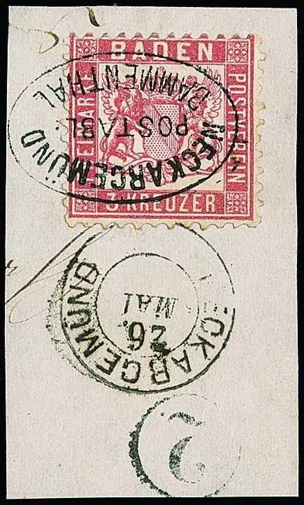 3 Kr. růžová, deset hodnot s razítky poštovní úschovny (jednou jako vedlejší razítko) vč. "Neckargemünd-Bammenthal", "Rappenau-Obergimpern", "Walldürn-Hopfingen" atd.