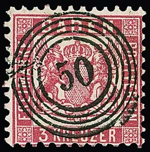 3 Kr. rose/carmin, trois pièces de luxe très bien oblitérées, dont NS idéaux "50" et "86"