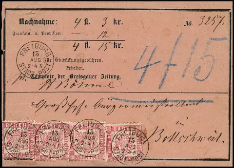 3 Kr. růžová ve čtyřbloku (jednou střih nůžkami vlevo) na růžovém NN pásu z Freiburgu, sign. Stegmüller