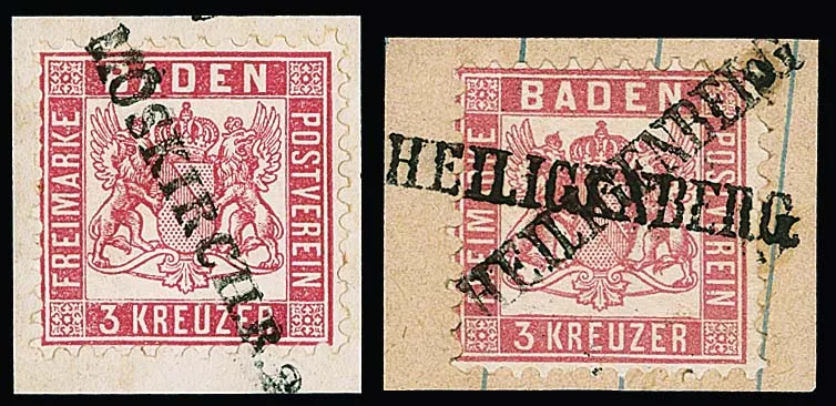 3 Kr. pink, five selected letter pieces with L1 cancellations: "Blumberg", "Efringen" (2), "Heiligenberg" and pre-philatelic L1 "Möskirch.R.2."