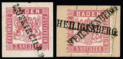3 Kr. růžová, pět vybraných kusů dopisů s razítky L1: "Blumberg", "Efringen" (2), "Heiligenberg" a předfilatelistické L1 "Möskirch.R.2."