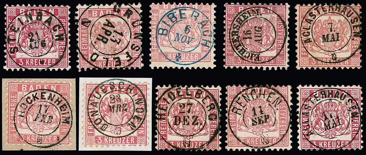 3 Kr. pink, 68 values, often on letter pieces, with cancellations by K2, including various selected luxury pieces