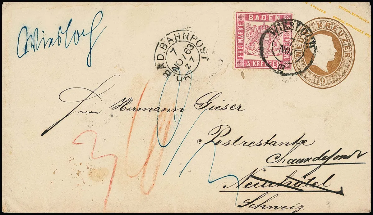 3 Kr. rosa, Kabinettstück auf Ganzsache 9 Kr. ockerbraun, mit hs. Bahnpost-Aufgabe "Wiesloch", zusätzlich K2 (!) und Bahnpost-K2 "Gr. Bad. Bahnpost", nach…