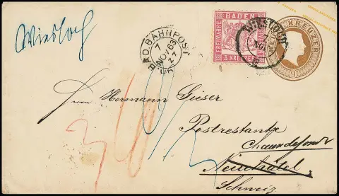 3 Kr. růžová, kabinetní kus na celině 9 Kr. okrově hnědé, s rukopisným podáním železniční pošty "Wiesloch", navíc K2 (!) a železniční K2 "Gr. Bad. Bahnpost", do Neuchatel/Švýcarsko a dále odesláno do Chaux de Fonds, atest Stegmüller