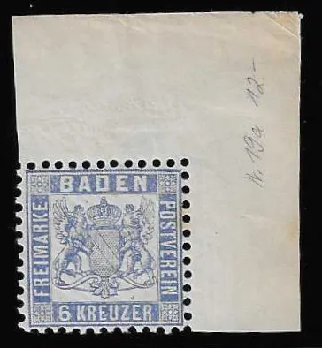 6 Kr. grey-blue, large mint never hinged upper right sheet corner (hinge remnant only in the already ungummed upper sheet margin part)