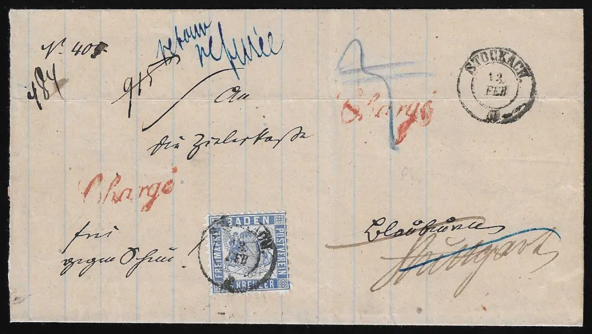 6 Kr. blue on cabinet return registered letter (as usual one side flap missing) with K2 "Stockach", on reverse ten (!) different cancellations