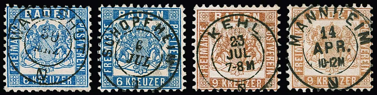 6 Kr. outremer (2) ainsi que 9 Kr. jaune- et brun pâle, quatre pièces de luxe joliment oblitérées de façon centrée, partiellement signées Flemming