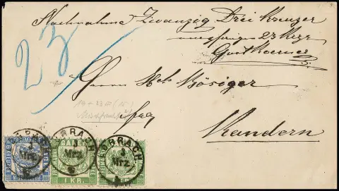 6 Kr. ultramarínová (dva tupé zoubky) ve smíšené frankatuře s dvakrát 1 Kr. zelená na nádherném dobírkovém dopise za 23 Kr. do Kandernu (vnitřek ne zcela kompletní), K2 "Lörrach"