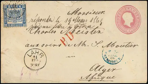 6 Kr. modrá na celině 3 Kr. růžová (obálka poněkud vadná a lehce tónovaná), s K1 "Lahr" 1869 do Alžíru/Alžírska. Vzácný africký dopis za francouzské porto