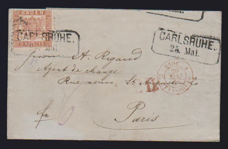9 Kr. light reddish brown, interesting shade, on superb letter 1866 with Ra2 "Carlsruhe" to Paris
