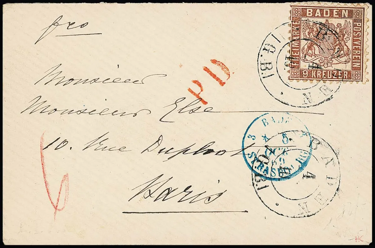 9 Kr. roodbruin op kabinet damescouvert met grote K2 "Baden G.B." 1869 naar Parijs, gesigneerd Krause