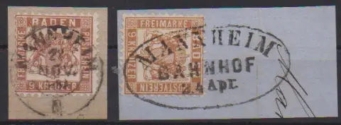 9 Kr. červenohnědá a žlutohnědá, dva kabinetní ústřižky dopisů, K2 "Mannheim" resp. ovální razítko "Mannheim Bahnhof", každý signováno Bolaffi