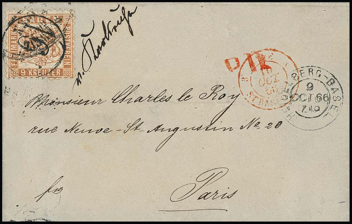9 Kr. pale brown on cabinet railway mail cover, ms. "v. Karlsruhe", single-ring NS "164" on the stamp and train K2 "Heidelberg-Basel", curiosity, stamp first erroneously cancelled with transit oval cancel "Schweiz über Baden"