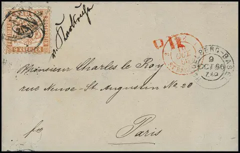 9 Kr. bledohnědá na kabinetním železničním poštovním dopise, rkp. "v. Karlsruhe", jednokružní NS "164" na známce a vlakové K2 "Heidelberg-Basel", kuriozita, známka nejprve chybně znehodnocena tranzitním oválním razítkem "Schweiz über Baden"