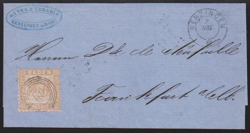 9 Kr. pale brown, two letters, samples without value from Mannheim, as well as with NS "69" and K2 "Kenzingen", each signed Stegmüller. Mi. 300,-